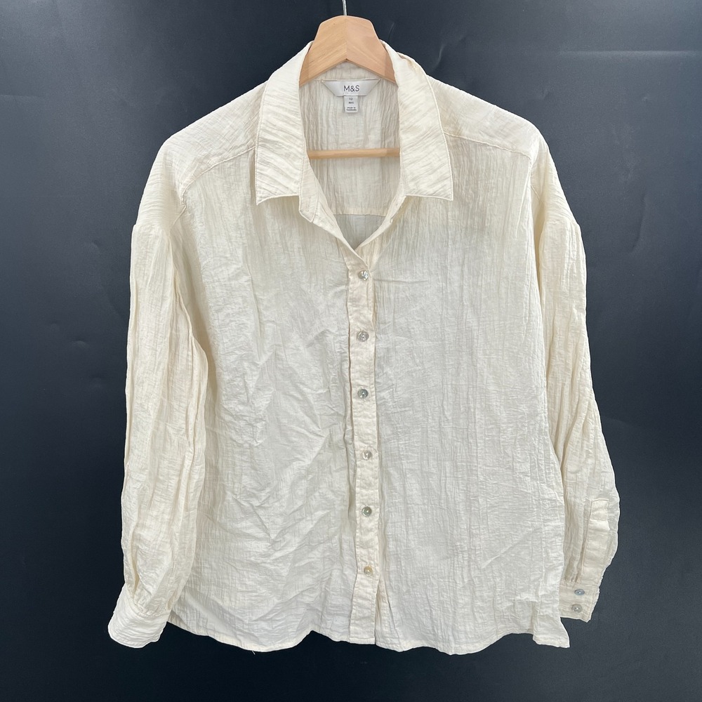 M&S V button up front crinkle ivory dress‎ work career office suiting classic 12